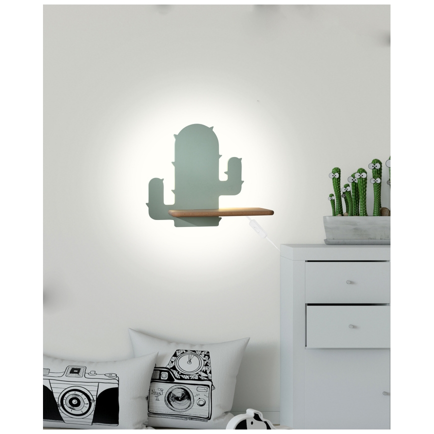LED Детски аплик с рафт CACTUS LED/4W/230V зелен/дървен - FSC сертифициран