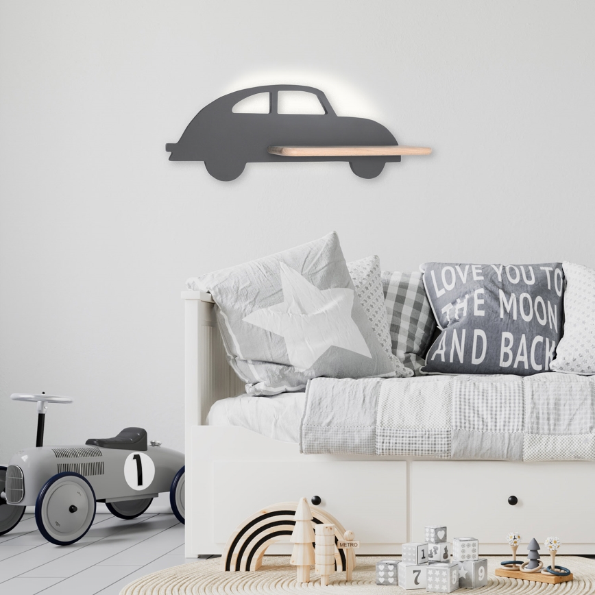 LED Детски аплик с рафт CAR LED/5W/230V сив/дърво