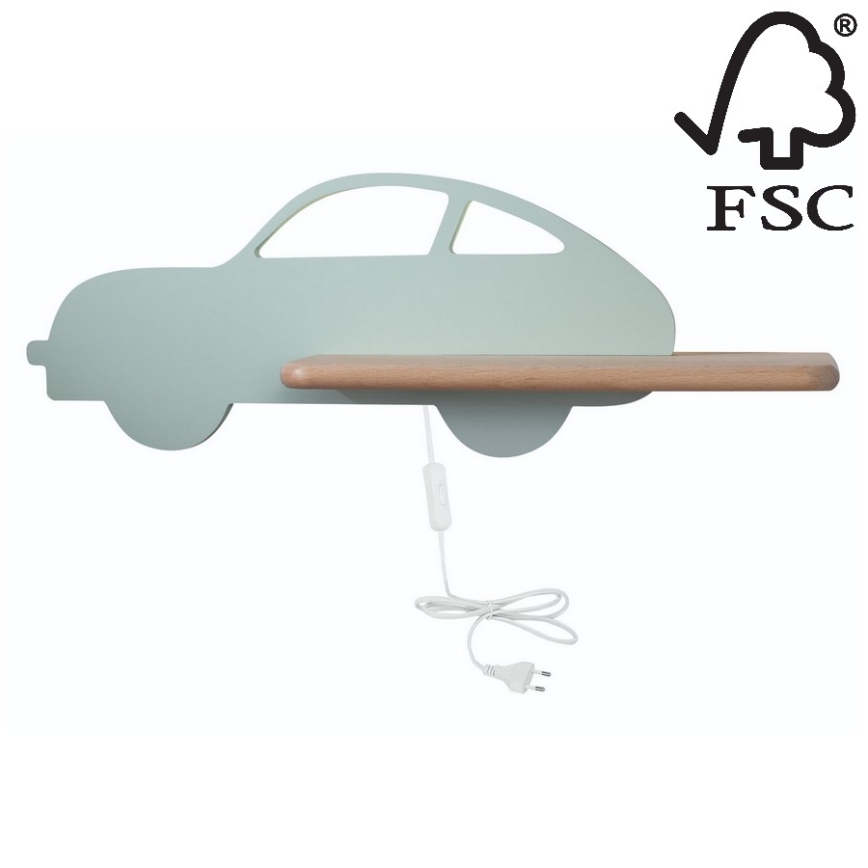 LED Детски аплик с рафт CAR LED/5W/230V зелен/дървен - FSC сертифициран
