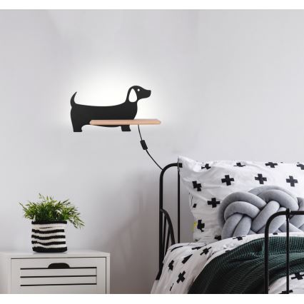 LED Детски аплик с рафт DOG LED/5W/230V черен/дърво