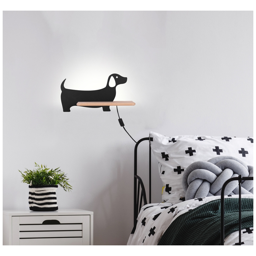 LED Детски аплик с рафт DOG LED/5W/230V черен/дърво