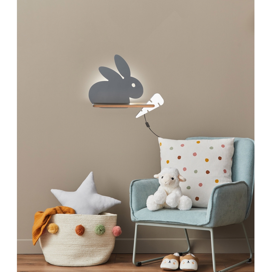 LED Детски аплик с рафт RABBIT LED/4W/230V сив/бял/дърво