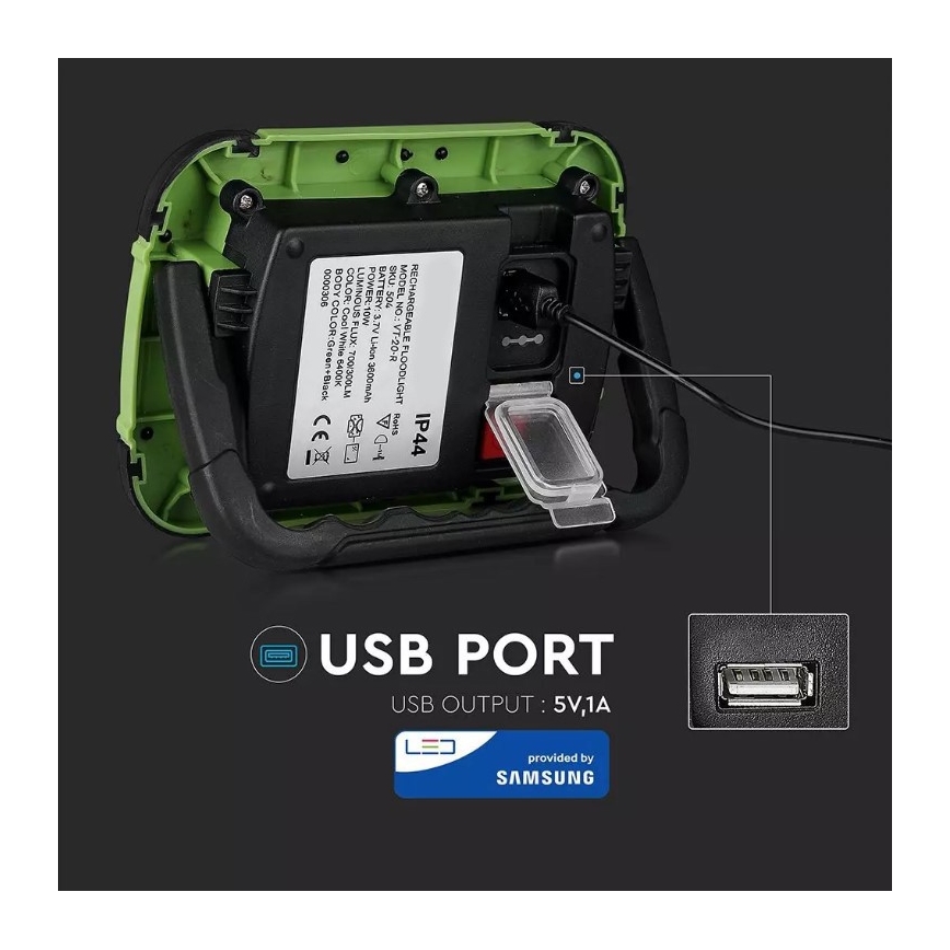 LED Димируем акумулаторен прожектор SAMSUNG CHIP + функция SOS LED/10W/3,7V/USB IP44 4000K 3600 mAh зелен