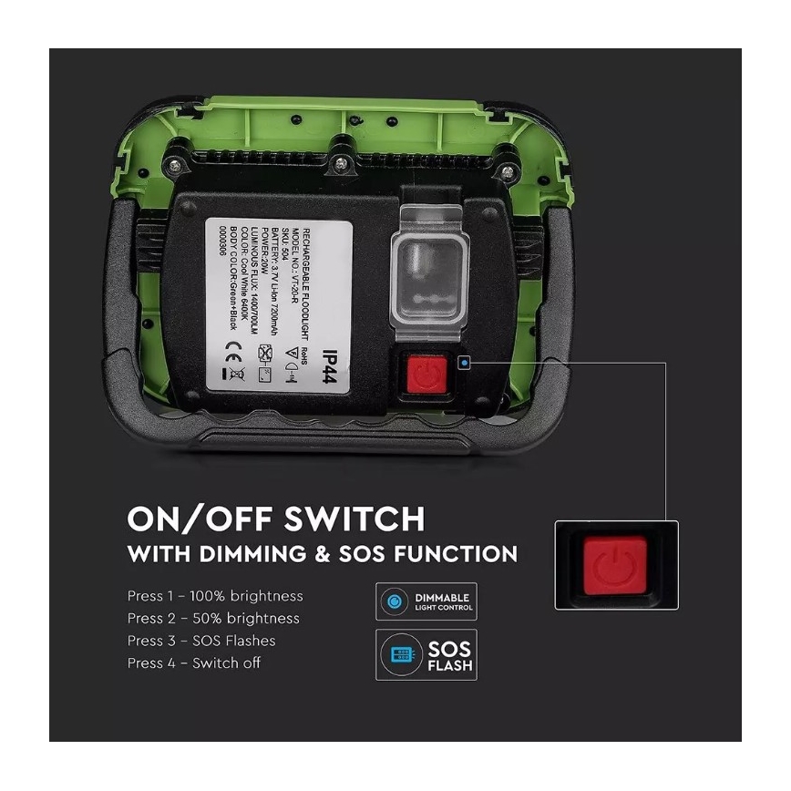 LED Димируем акумулаторен прожектор SAMSUNG CHIP + функция SOS LED/10W/3,7V/USB IP44 4000K 3600 mAh зелен