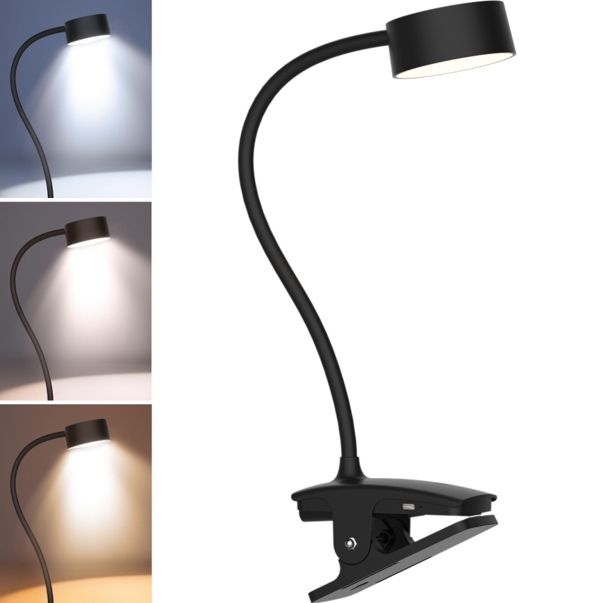 LED Димируем гъвкав акумулаторен настолна лампа с щипка LED/2W/1800 mAh 3000/4000/6500K черен