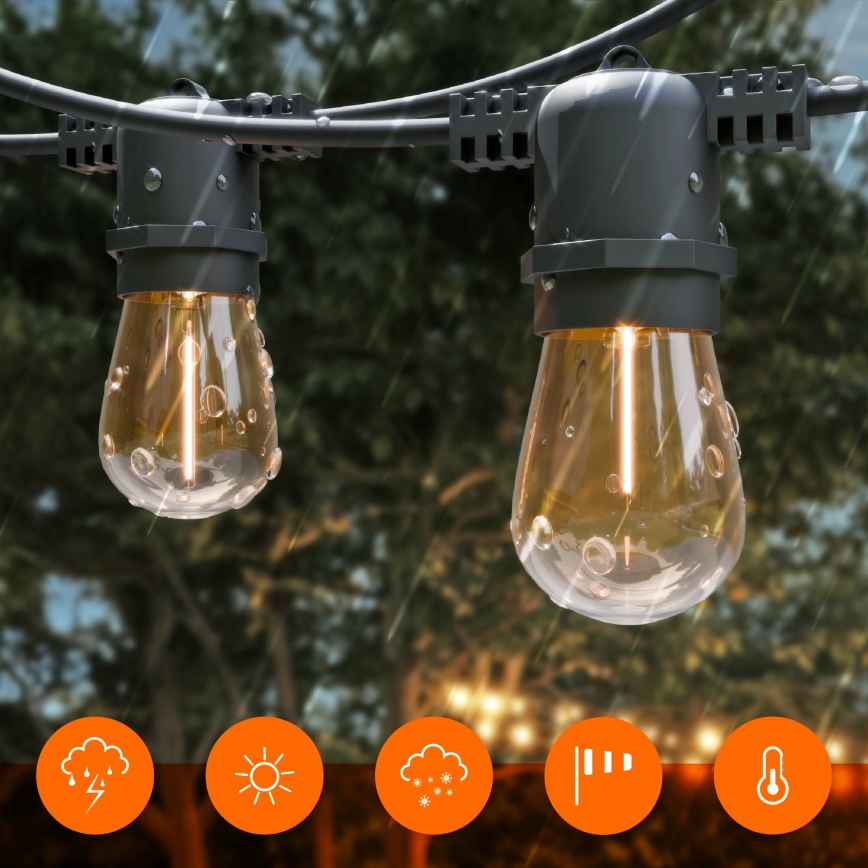 LED соларна декоративна гирлянда с регулируема яркост 10xE27/0,3W/3/5V USB 2400 mAh 10,62 m IP65 черна + дистанционно управление