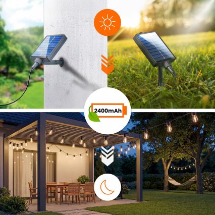 LED соларна декоративна гирлянда с регулируема яркост 10xE27/0,3W/3/5V USB 2400 mAh 10,62 m IP65 черна + дистанционно управление
