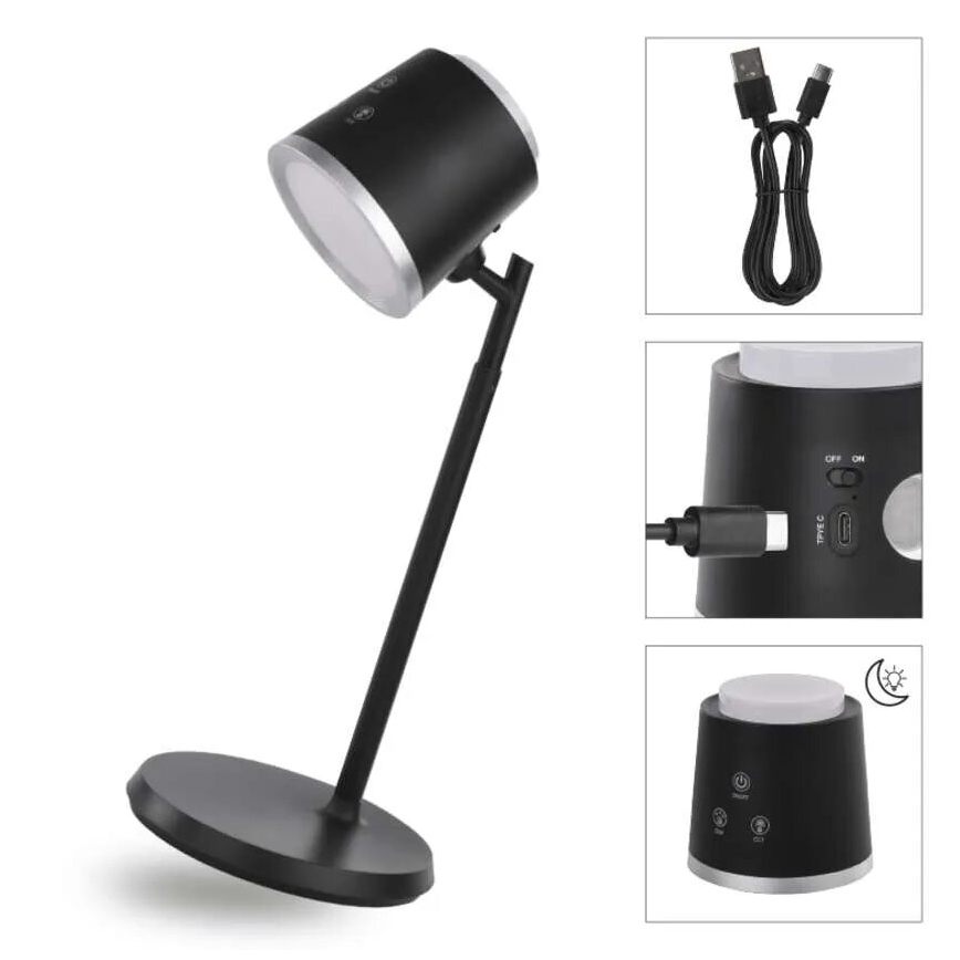 LED Димируема акумулаторна настолна лампа 4в1 LED/6W/3,7V 3000K/4000K/6500K 1500mAh черен
