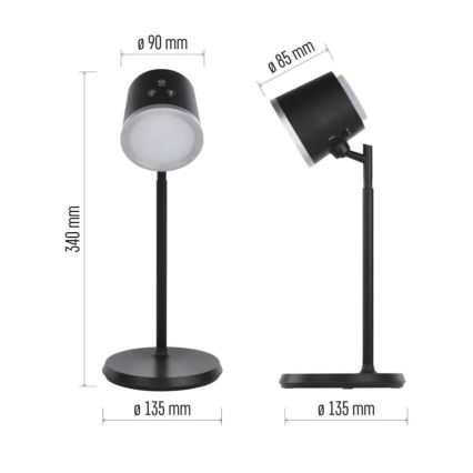 LED Димируема акумулаторна настолна лампа 4в1 LED/6W/3,7V 3000K/4000K/6500K 1500mAh черен