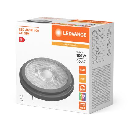 LED димируема лампа AR111 G53/13,5W/12V 2700K 24° CRI 97 - Ledvance