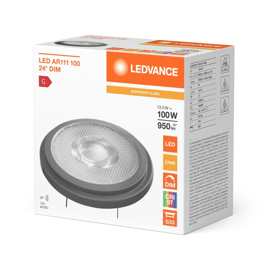 LED димируема лампа AR111 G53/13,5W/12V 2700K 24° CRI 97 - Ledvance