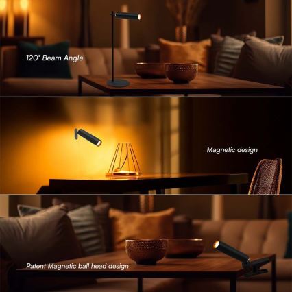 LED Димируема магнитна акумулаторна настолна лампа 3в1 LED/3W/5V 4000K 1500 mAh черен