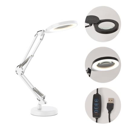 Димируема LED настолна лампа с лупа 2 в 1 AURIQ LOUPE LED/10W/5V 3000/4000/6500K бяла