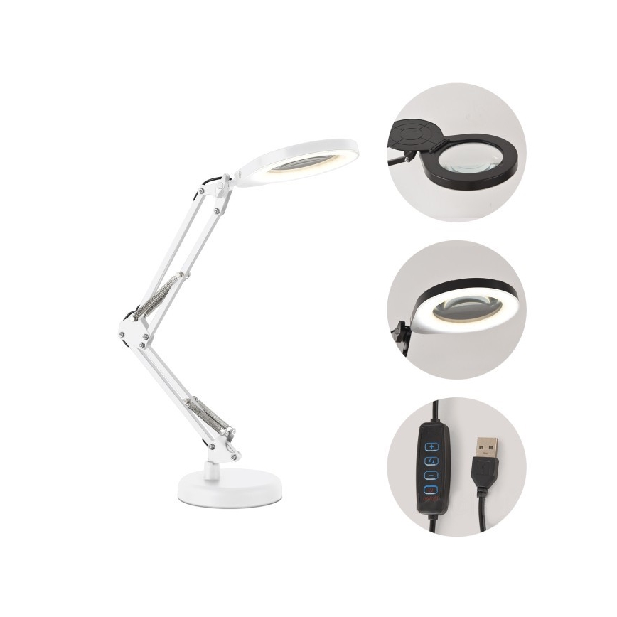 Димируема LED настолна лампа с лупа 2 в 1 AURIQ LOUPE LED/10W/5V 3000/4000/6500K бяла