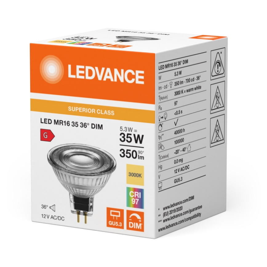 Димируема LED рефлекторна крушка MR16 GU5,3/5,3W/12V 3000K 36° CRI 97 - Ledvance