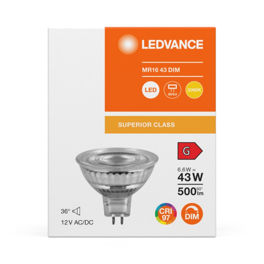 LED димируема рефлекторна крушка MR16 GU5,3/6,6W/12V 3000K 36° CRI 97 - Ledvance