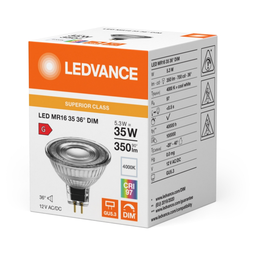 Димируема LED рефлекторна крушка MR16 GU5,3/5,3W/12V 4000K 36° CRI 97 - Ledvance
