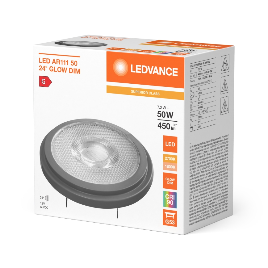 LED димируема крушка AR111 G53/7,2W/12V 1800-2700K 24° CRI 90 - Ledvance