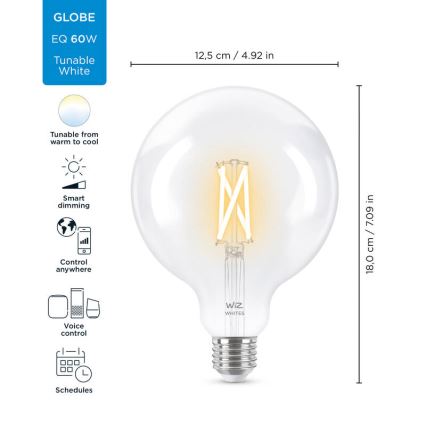 LED Димируема крушка FILAMENT G125 E27/7W/230V 2700-6500K CRI 90 Wi-Fi - WiZ