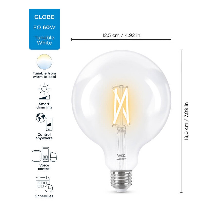 LED Димируема крушка FILAMENT G125 E27/7W/230V 2700-6500K CRI 90 Wi-Fi - WiZ