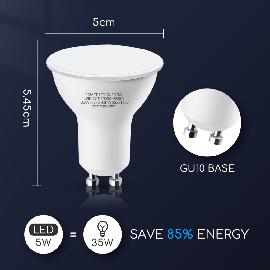 LED Димируема крушка GU10/5W/230V 3000-6500K Wi-Fi - Aigostar