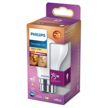 LED Димируема крушка Philips Warm Glow A60 B22/7,2W/230V 2200-2700K CRI 90
