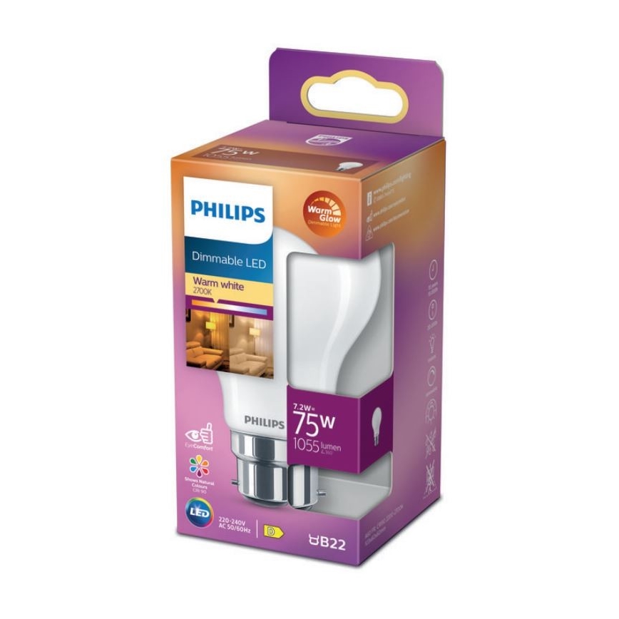 LED Димируема крушка Philips Warm Glow A60 B22/7,2W/230V 2200-2700K CRI 90