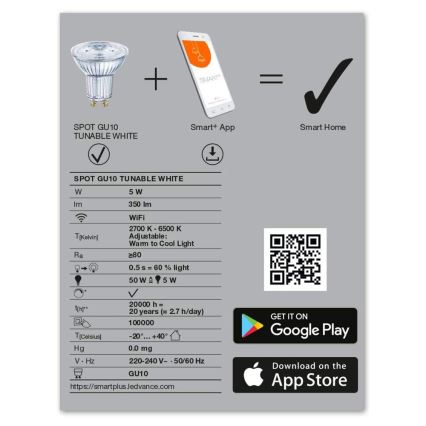 LED Димируема крушка SMART+ GU10/5W/230V 2700K-6500K Wi-Fi - Ledvance