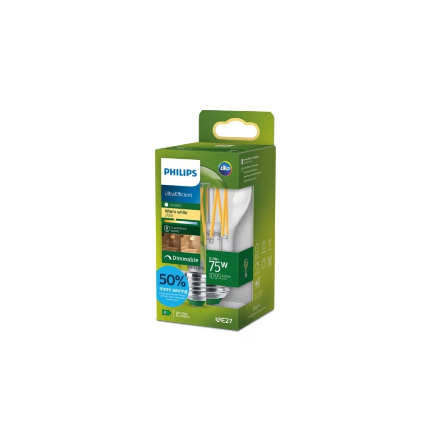 LED димируема крушка ULTRAEFFICIENT VINTAGE Philips A60 E27/5,2W/230V 2700K