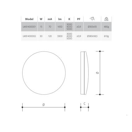 LED димируемо таванно осветително тяло за баня LED/30W/230V 3000/4000/5000K Ø 38 см IP54