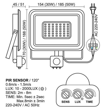 LED Екстериорен прожектор със сензор LED/50W/230V 4000K IP44 черен