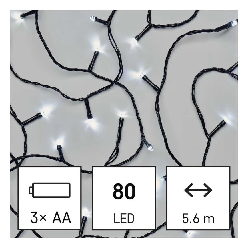 LED Екстериорни Коледни лампички 80xLED/3xAA 6,1m IP44 студено бял