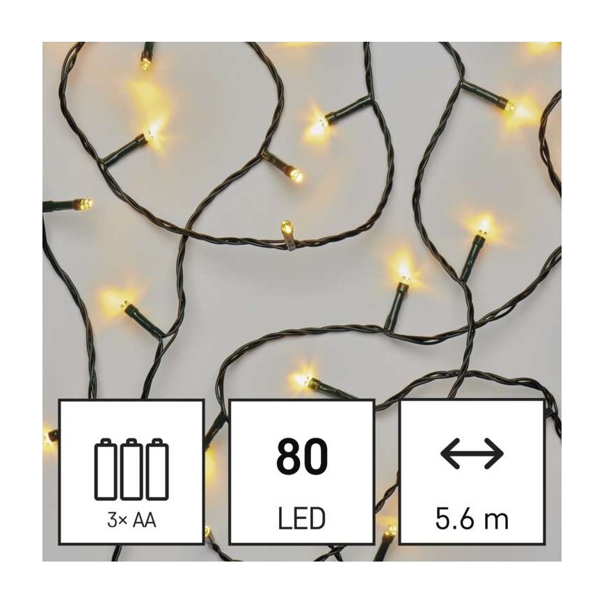 LED Екстериорни Коледни лампички 80xLED/3xAA 6,1m IP44 топло бяло