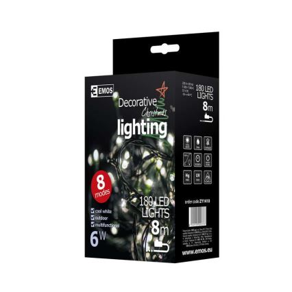 LED Екстериорни Коледни лампички CHAIN 180xLED/8 функции 8м IP44 студено бели