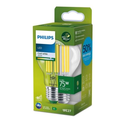 LED филаментна крушка Philips A60 E27/5,2W/230V 4000K