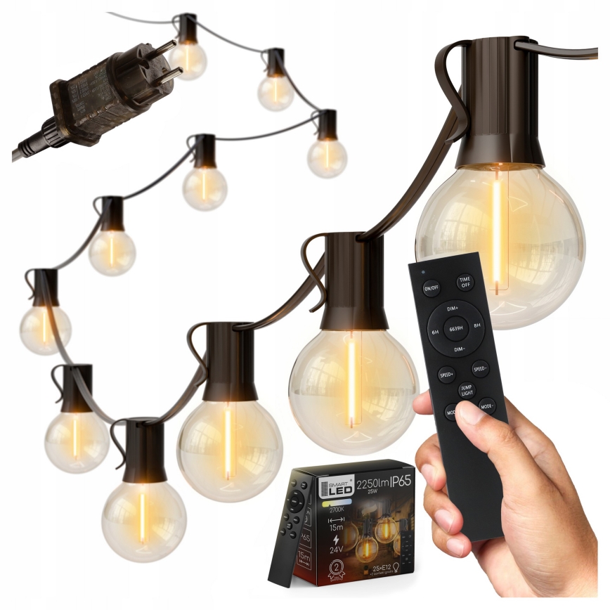 LED външен декоративен гирлянд с възможност за димиране 25xE12/1W/24/230V 17,5 m IP65 черен + дистанционно управление