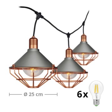 LED Градински висящи лампи PREMIUM STRING 3м 6xE27/8W/230V IP65 сиви/бронзпви