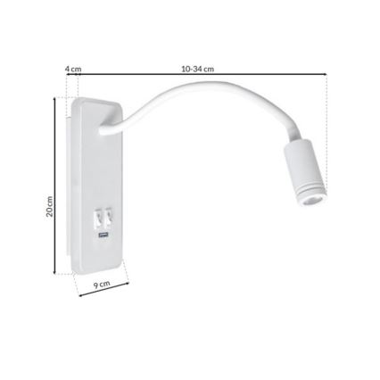 LED Гъвкав wall малко лампа с USB BASE 1xLED/8W+1xLED/2W/230V бял