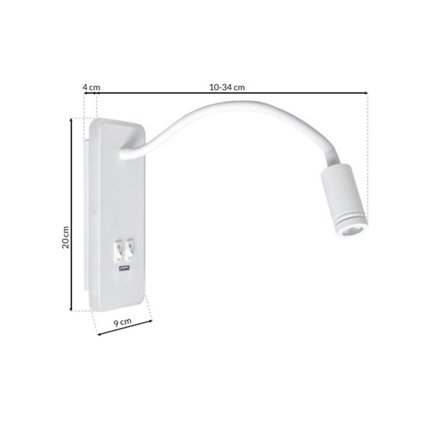 LED Гъвкав wall малко лампа с USB BASE 1xLED/8W+1xLED/2W/230V бял
