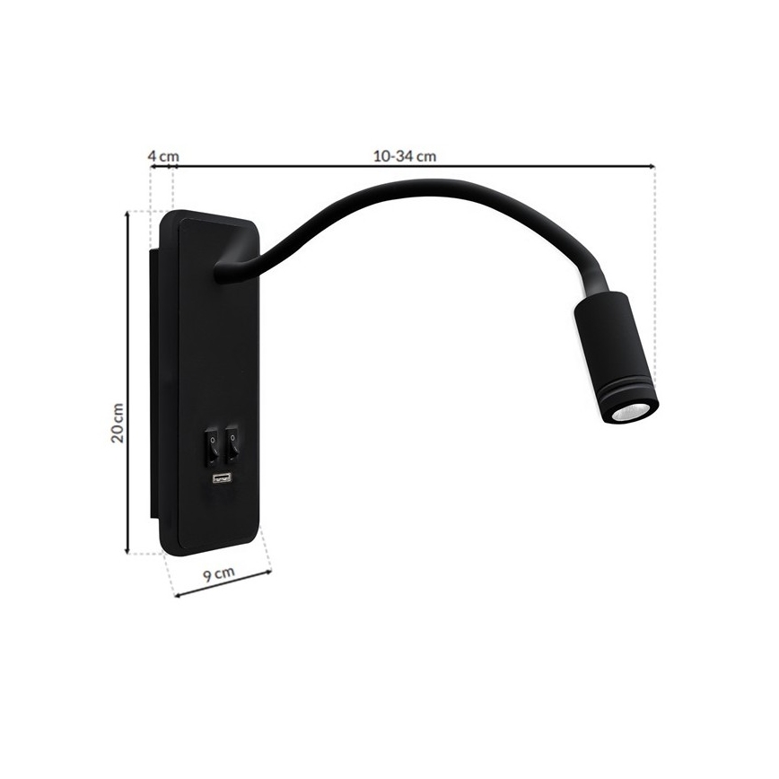 LED Гъвкав wall малко лампа с USB BASE 1xLED/8W+1xLED/2W/230V черен
