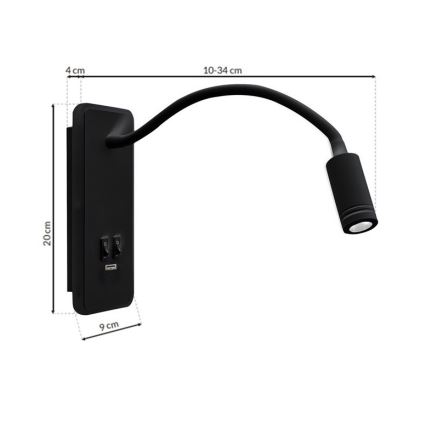 Гъвкава LED стенна лампа с USB BASE 1xLED/8W+1xLED/2W/230V черна