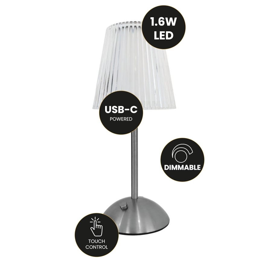 LED регулируема докосваема настолна лампа с презареждаща се батерия ELBA LED/1,6W/800 mAh мат хром/прозрачно стъкло
