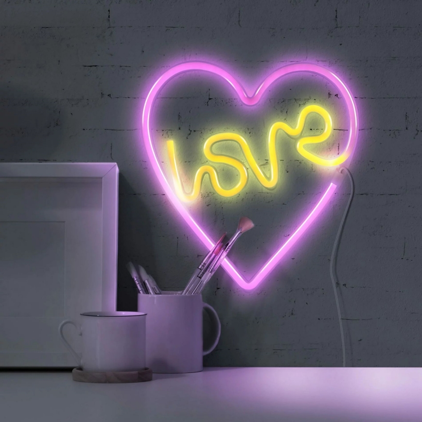 LED Неонова декорация за стена LOVE LED/3W/3xAA USB розов