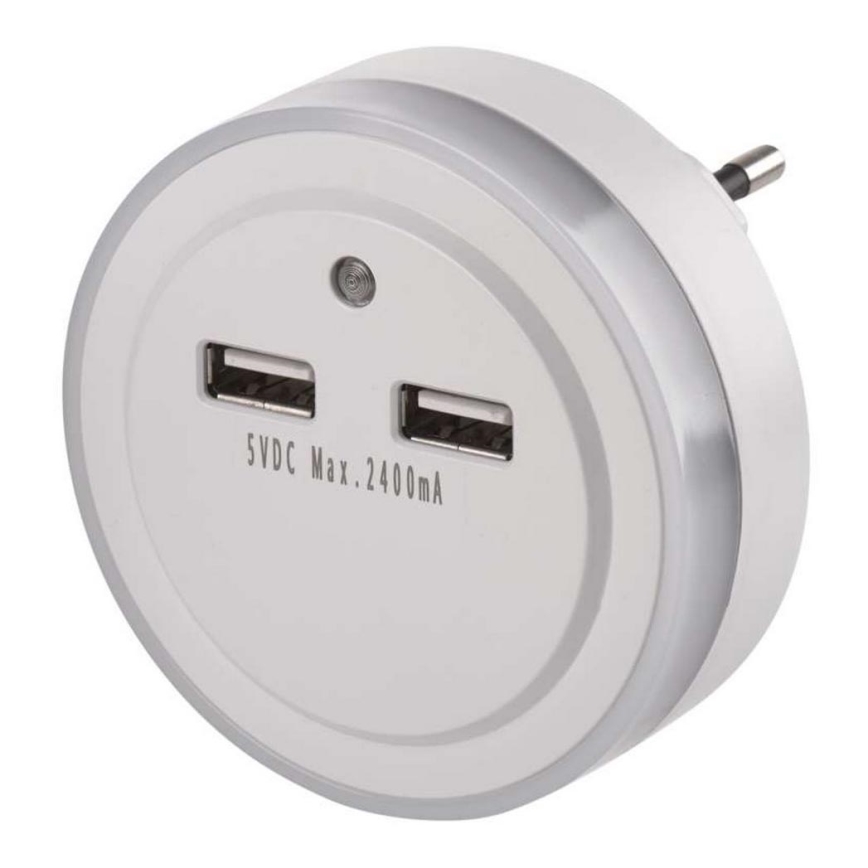 LED нощна лампа за контакт с фотосензор+2xUSB 3xLED/0,3W/230V