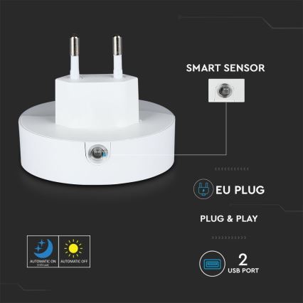 LED Нощна лампа за контакт със сензор за здрач 2xUSB LED/0,45W/230V 3000K