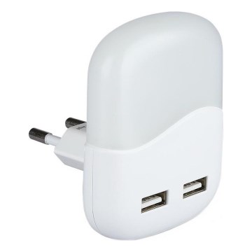 LED Нощна лампа за контакт със сензор за здрач 2xUSB LED/0,45W/230V 3000K