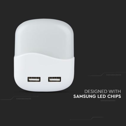 LED Нощна лампа за контакт със сензор за здрач 2xUSB LED/0,45W/230V 3000K