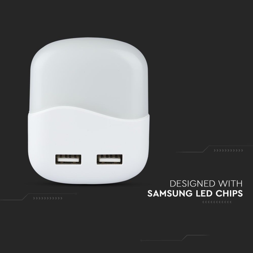 LED Нощна лампа за контакт със сензор за здрач 2xUSB LED/0,45W/230V 3000K