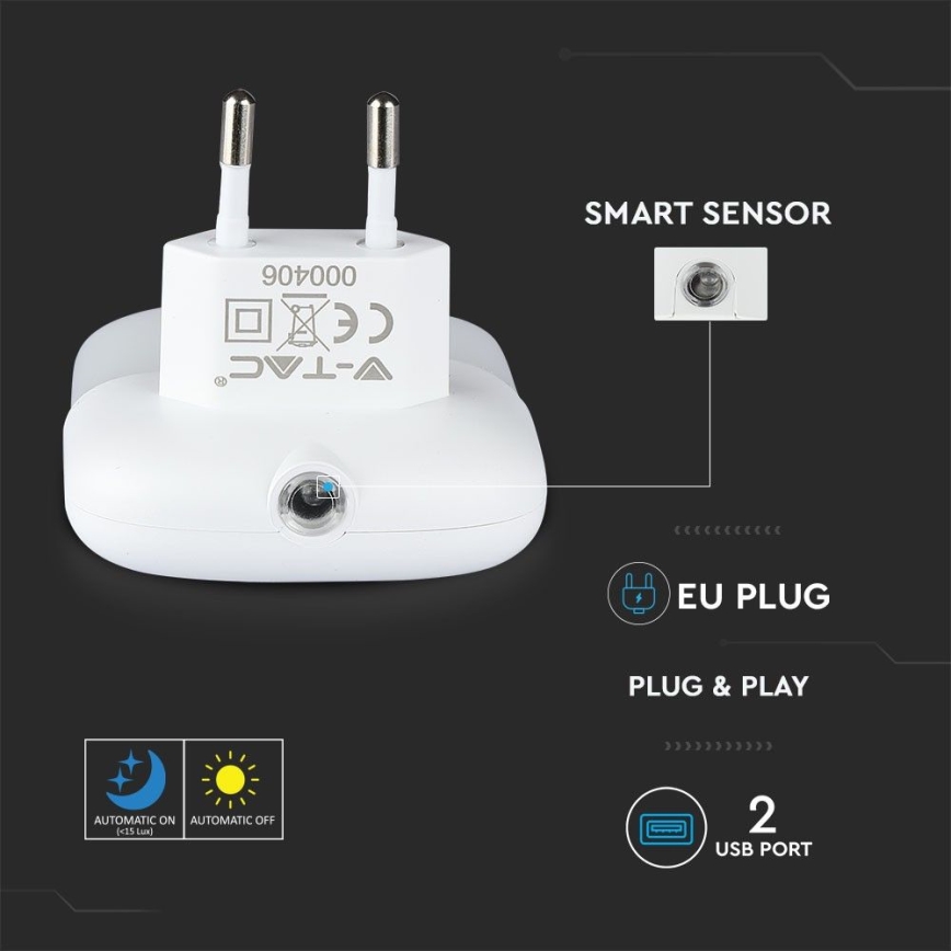 LED Нощна лампа за контакт със сензор за здрач 2xUSB LED/0,45W/230V 3000K