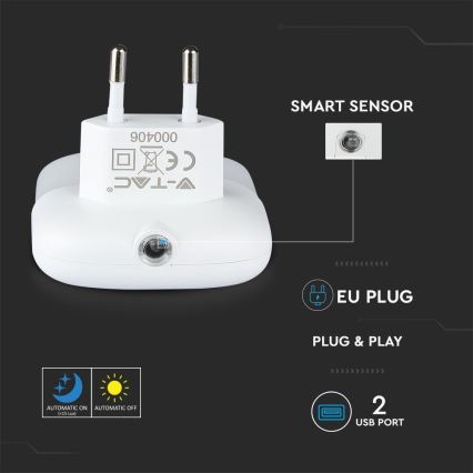 LED Нощна лампа за контакт със сензор за здрач 2xUSB LED/0,45W/230V 4000K